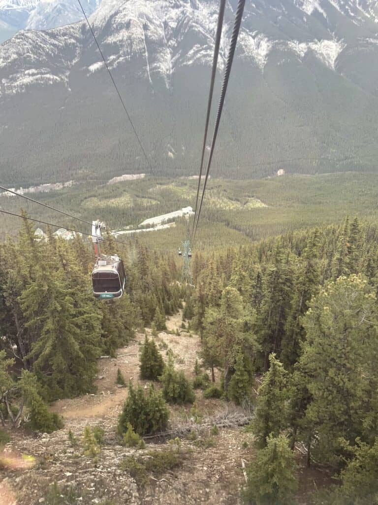 view of the Banff gondola from the gondola on the way down. The cable runs overhead and the view looks down through mist at evergreen trees 