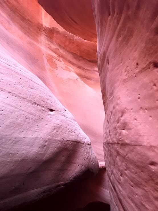 up close view of walls of Antelope Canyon shows lines and pockets