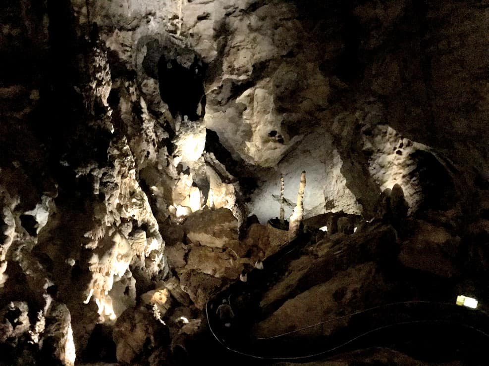 a steep path winds down into the Natural Entrance Carlsbad Caverns with stalagmites and stalactites all around