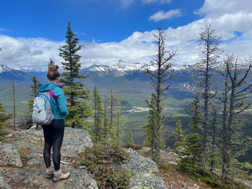 the author stands on a rock overlooking a snow-covered mountain view with pine trees in the foreground