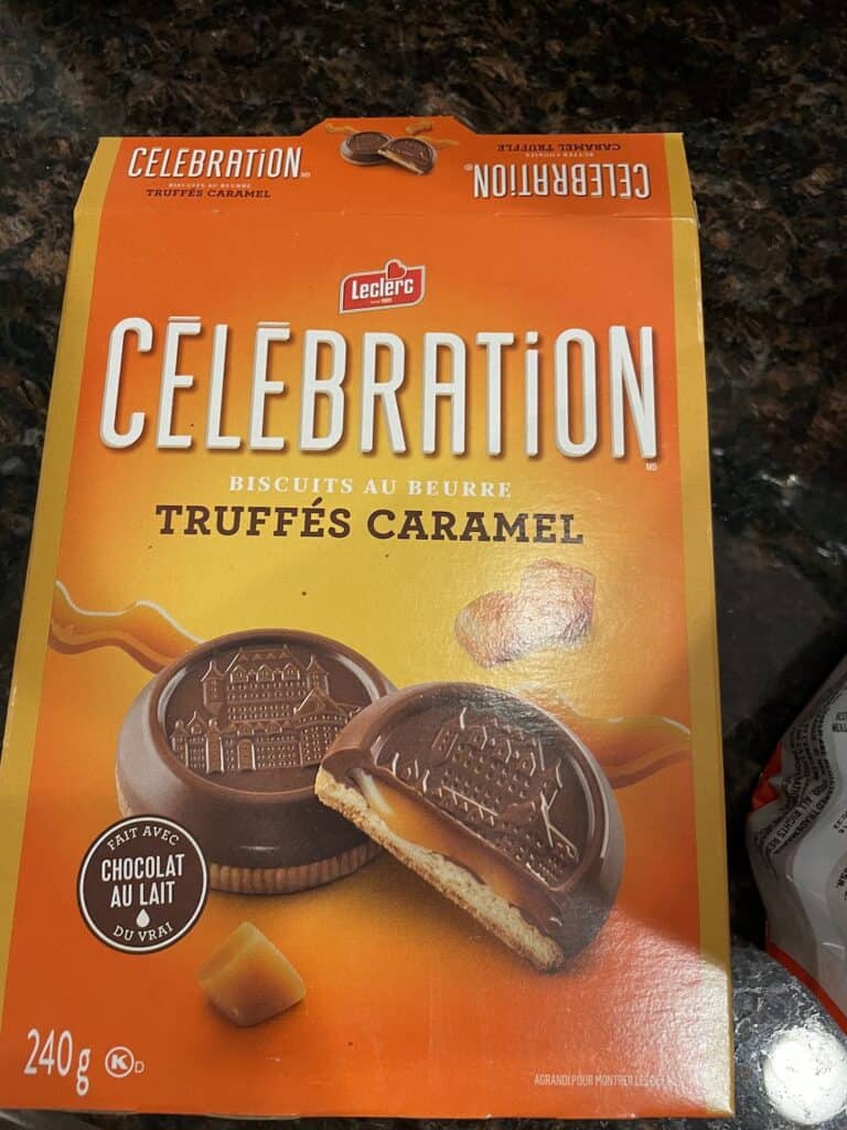 an orange box with chocolate caramel cookies on the label
