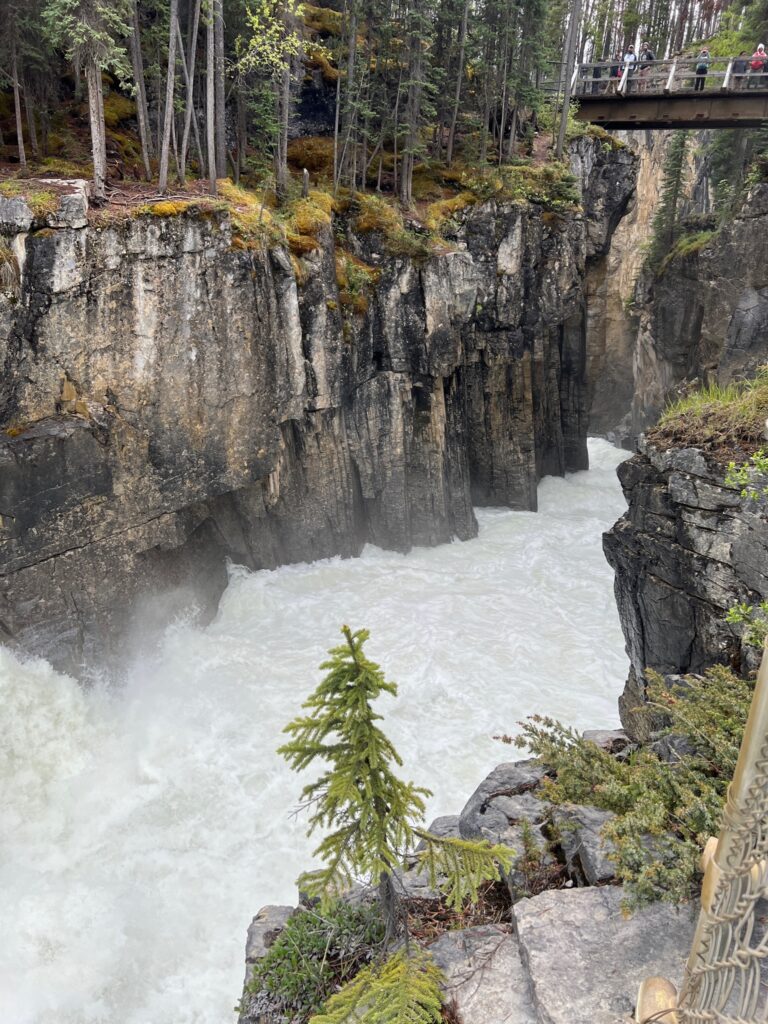Water rushes under the bridge at the Suwapta Falls lookout