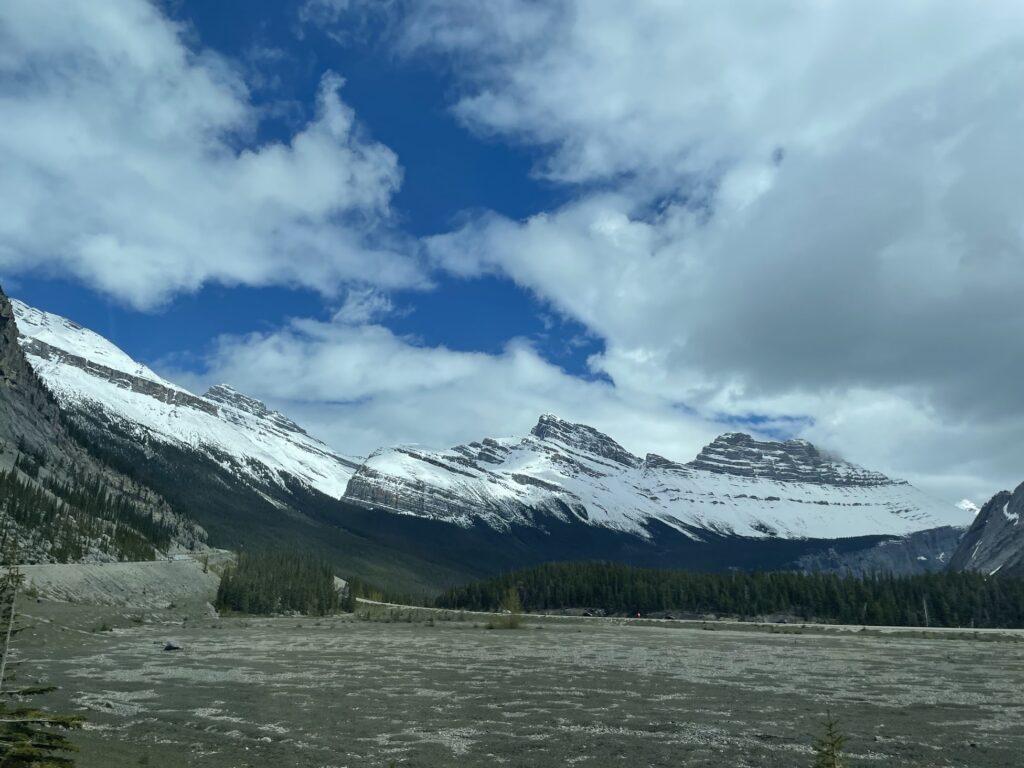 snow covered mountains at the big bend on the drive from Banff to Jasper