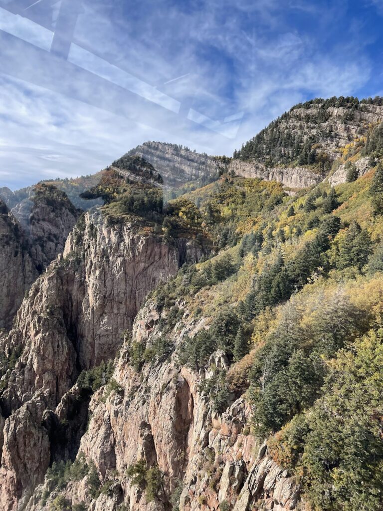 view from the Sandia Peak tram of the granite mountains covered in green and yellow trees