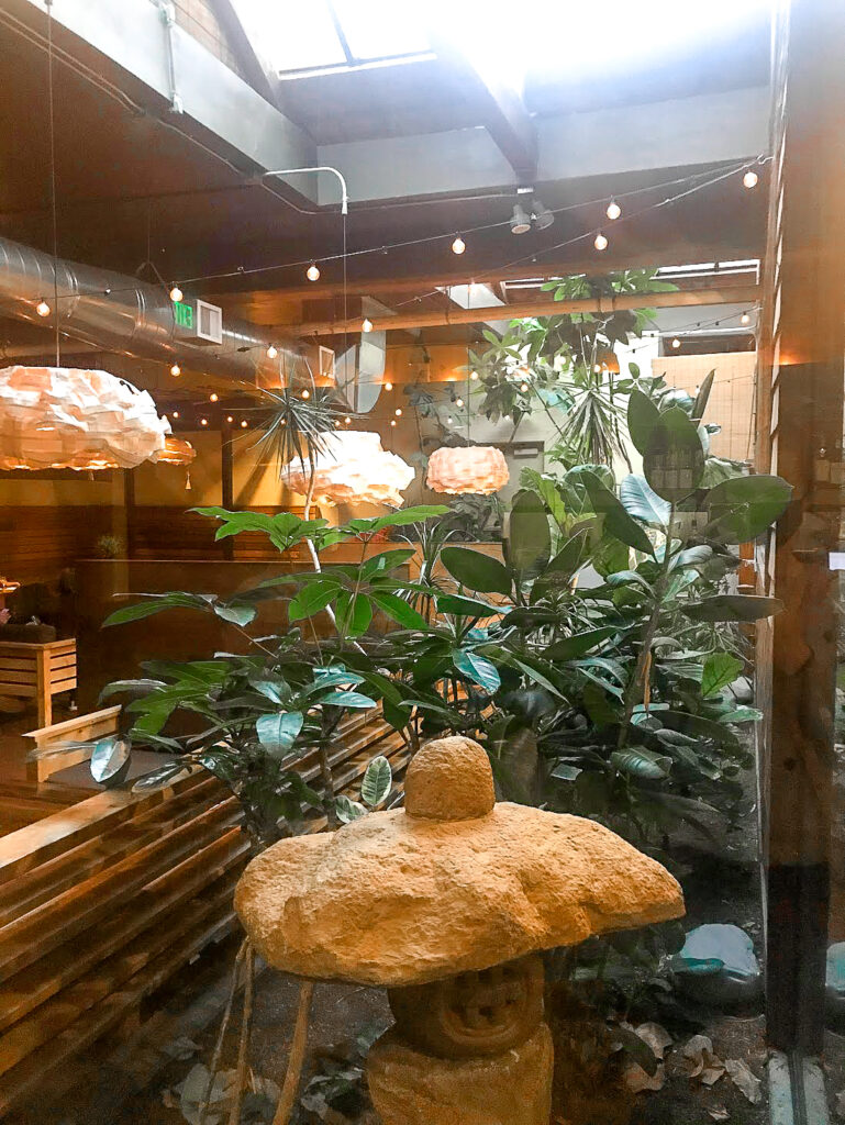 the interior of Umi Sake House, Seattle. Wood interiors and large indoor plants make this a very calming place to dine.