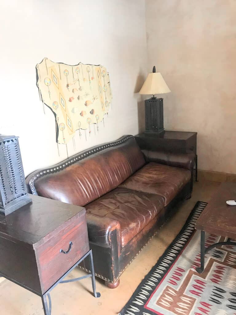 leather couch and other Native decorations in Native American suites at El Monte Sagrado in Taos 