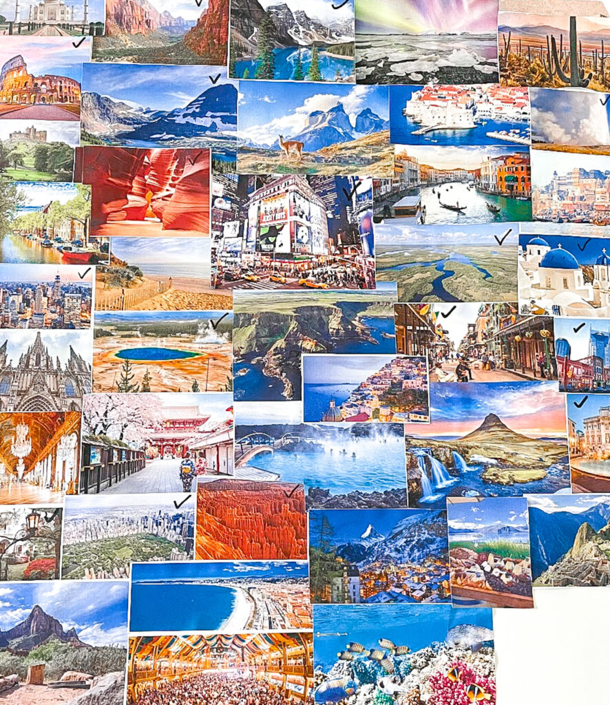 various color photos of destinations such as the colosseum in Rome, or Central Park in New York are collaged onto a sheet of paper. Some of the images have black check marks on them. A visual list is helpful if you are wondering how to plan a trip. 